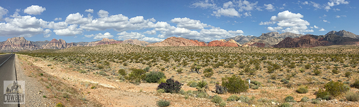 Photo from the road of Calico Basin with beautiful clouds before Horseback Riding in Las Vegas at Cowboy Trail Rides in Red Rock Canyon