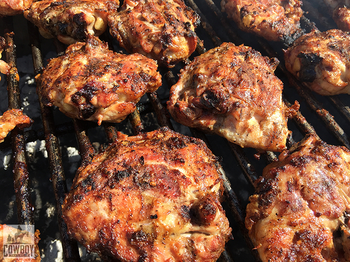 Juicy chicken, seasoned with Sage's Original Seasoning, on the charcoal grill after Horseback Riding in Las Vegas at Cowboy Trail Rides in Red Rock Canyon