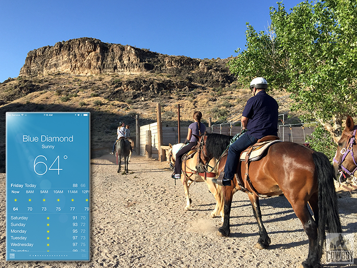 A picture showing the morning Rim Ride with an insert showing the temperature while Horseback Riding in Las Vegas at Cowboy Trail Rides in Red Rock Canyon