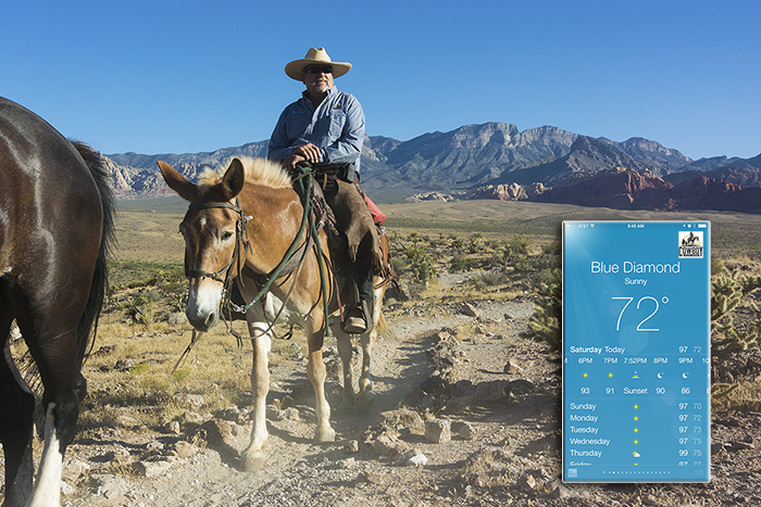 An insert shows the July temperatures while Horseback Riding in Las Vegas at Cowboy Trail Rides in Red Rock Canyon