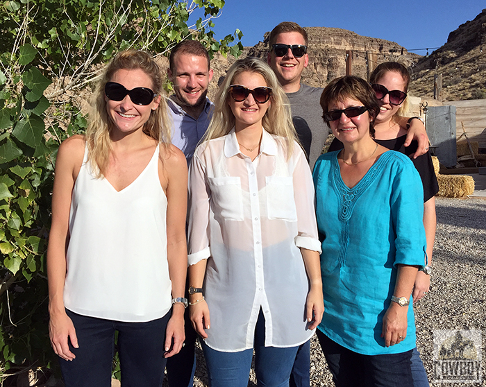 The Nelson family and friends posing with their sunglasses on just before Horseback Riding in Las Vegas at Cowboy Trail Rides in Red Rock Canyon