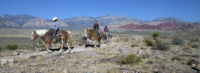 A picture of three riders on the Canyon Rim Ride while Horseback Riding in Las Vegas at Cowboy Trail Rides in Red Rock Canyon