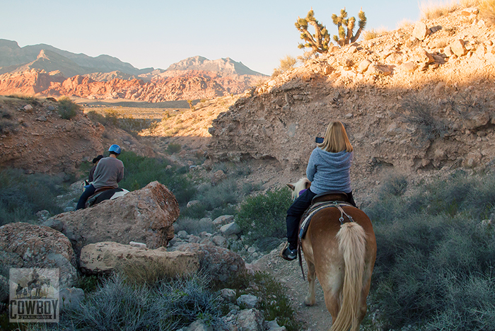 Headed through the ravine on the Sunset BBQ Ride while Horseback Riding in Las Vegas at Cowboy Trail Rides in Red Rock Canyon