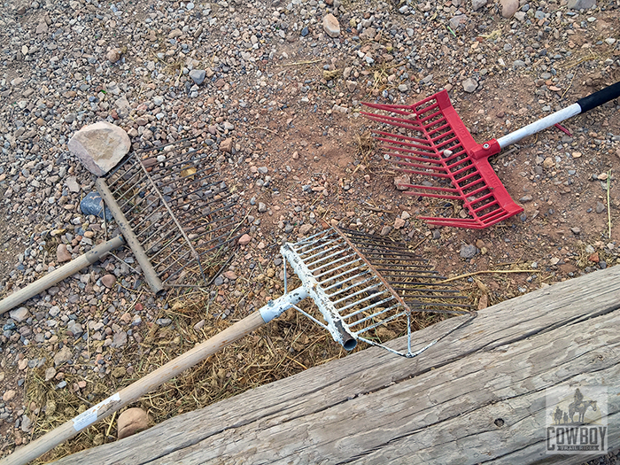Three rakes used for mucking that have been used prior to Horseback Riding in Las Vegas at Cowboy Trail Rides in Red Rock Canyon